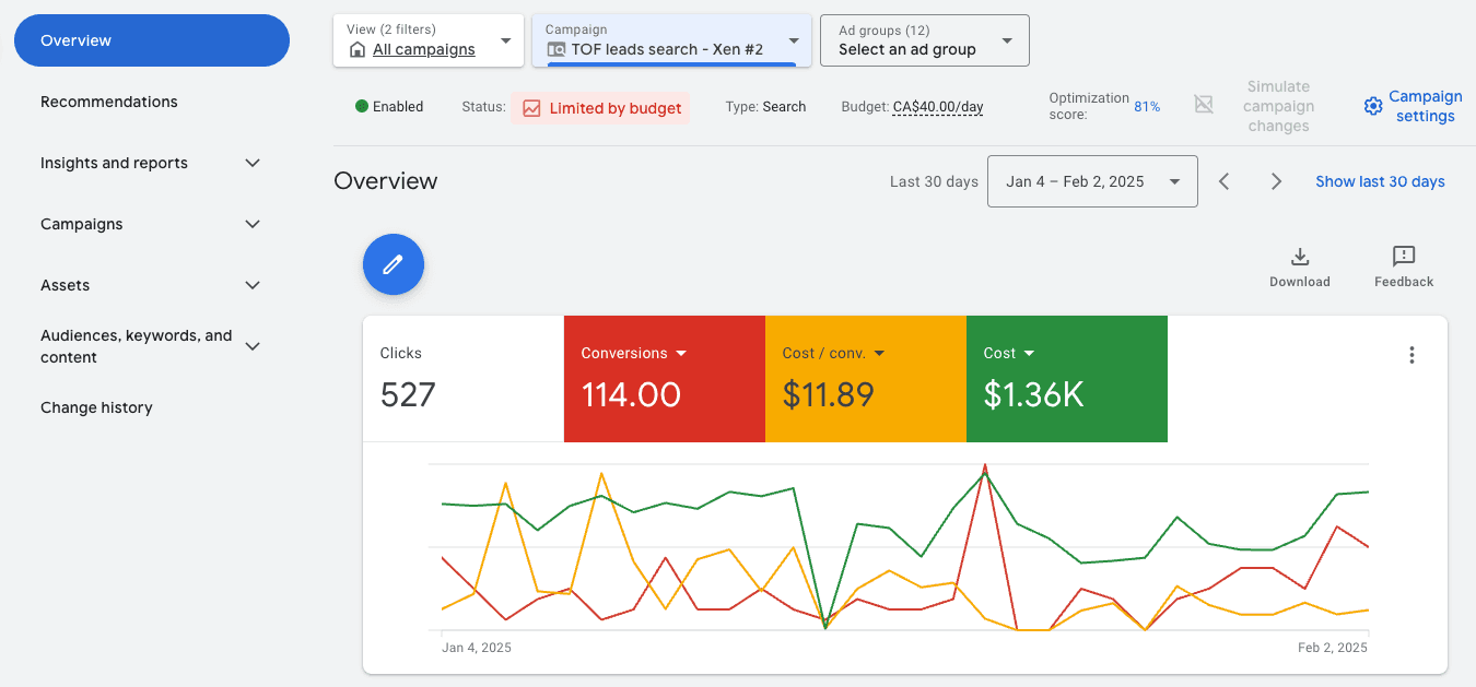 Google Ads search campaign at an 81% optimization score